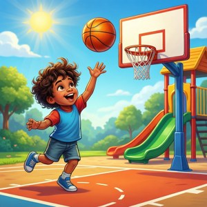 孩子在遊樂場附近的陽光戶外球場打籃球