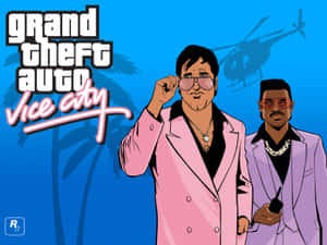 兩個身穿西裝和太陽眼鏡的卡通角色，帶有「Grand Theft Auto Vice City」標誌。