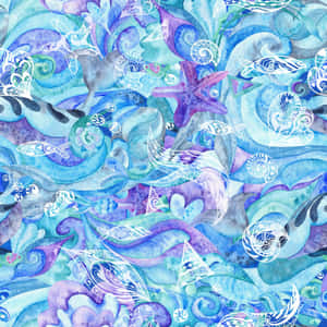水彩圖案，描繪海浪、海星、貝殼和魚類，採用藍色、紫色和藍綠色。 — iPad Air 11 壁紙