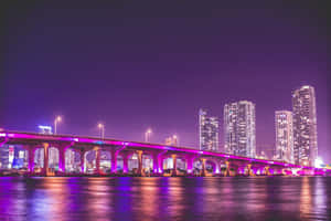 夜晚中，一座紫色燈光橋樑橫跨水面，背景是城市天際線。