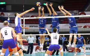 男子在室內場館進行競技排球比賽。