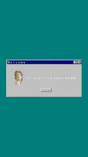 復古電腦視窗，帶有半身像及文字 it's all in your head，背景為青綠色。