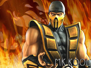Mortal Kombat 角色 Scorpion 身穿黑色和金色盔甲，被火焰包圍。