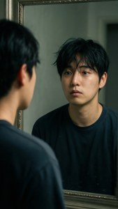 荼毘在鏡中與過去的自己對峙，充滿情感與心理掙扎。 — 荼毘 GIF 壁紙
