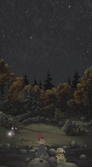 三個小動畫角色在星空下的夜間森林中。