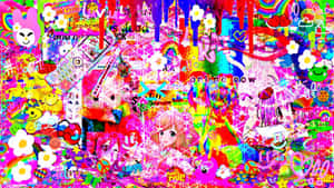 充滿活力的數碼拼貼，包含動漫角色、花朵、彩虹和故障效果，以霓虹粉紅和彩虹色呈現。