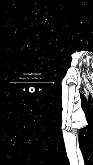 女孩仰望星星，音樂播放器顯示歌曲Overwhelmed