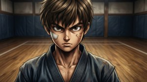 一位武術動畫少年在道場中準備就緒，臉頰貼著繃帶。