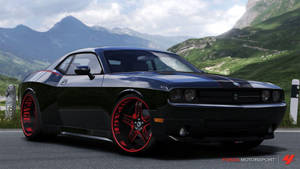 黑色Dodge Challenger配紅色輪圈在山路上。 — Dodge challenger GIF 壁紙
