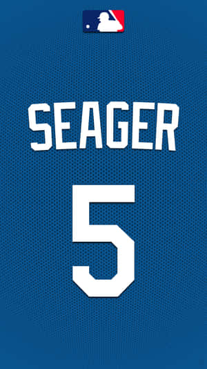 藍色棒球球衣，MLB標誌下方有白色名字Seager和號碼5。
