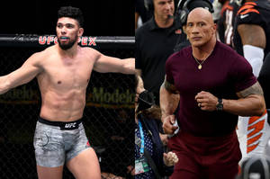 兩名男性拳手穿著UFC裝備在八角籠和體育場中擺姿勢。