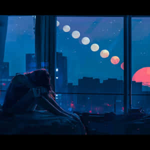 人坐在床上望向窗外有月亮和紅色太陽的夜空。
