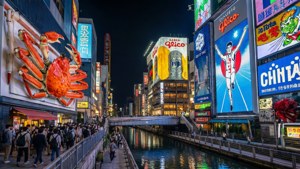 夜晚的東京運河，閃爍的霓虹燈招牌和人群沿著水道行走。