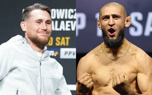 兩名男性MMA拳手，一人微笑穿著連帽衫，另一人赤裸上身舉起拳頭，在宣傳活動中。 — 拼貼 GIF 壁紙