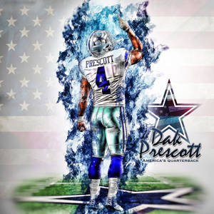 Dak Prescott 身穿達拉斯牛仔隊球衣，在美國國旗背景的足球場上慶祝。 — 荼毘 GIF 壁紙
