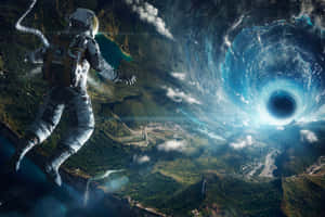 太空人在綠色星球上方漂流，附近有一個旋轉的宇宙蟲洞。