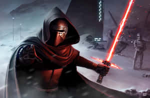 Kylo Ren在雪地戰場上用紅色光劍戰鬥。