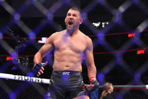 UFC拳手在藍色燈光下於八角籠內慶祝勝利。 — 拳擊 壁紙