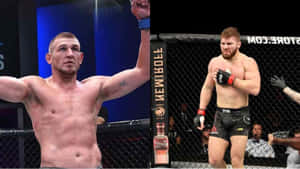 八角籠內兩名MMA拳手，一人勝利舉臂，另一人疲憊按住胸口。