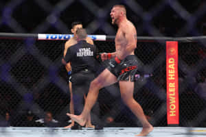 MMA拳手在八角籠內與裁判慶祝擊倒勝利。