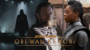 Obi-Wan Kenobi 和 Ahsoka Tano 與背景中的 Darth Vader 對峙。