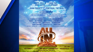 All In Music & Arts Festival 海報，帶有日落田野和藝術家陣容。