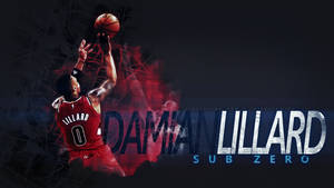 Damian Lillard 在發光文字背後投籃。