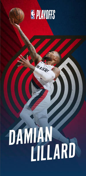 Damian Lillard 在 NBA 季後賽中行動，附有球隊標誌和文字。