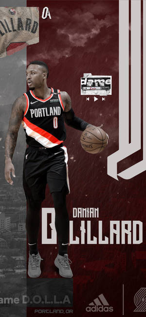 Damian Lillard 身穿波特蘭拓荒者制服，手持籃球。