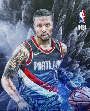 NBA籃球運動員身穿波特蘭球衣持球，背景抽象。