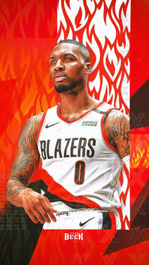 身穿 Blazers 球衣的籃球運動員，背景為火焰。
