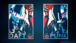 兩張 Daft Punk 機械人海報，帶有舉起的拳頭和大膽文字