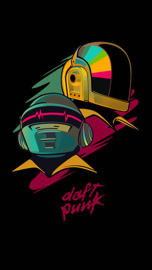 Daft Punk 頭盔，帶有彩色霓虹細節和運動線條，背景為黑色。