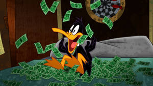 Daffy Duck 被房間裡掉落和散落的十美元鈔票包圍。