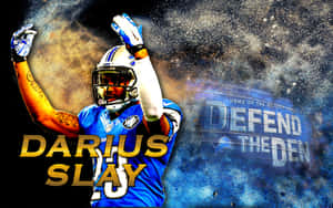 足球運動員Darius Slay身穿藍色球衣，在宇宙背景和'Defend the Den'文字中慶祝。