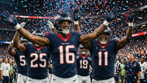 侯斯頓德州人隊的足球員在飄落的紙屑下高舉雙臂慶祝勝利。