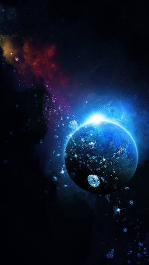 太空中一顆發光的藍色行星，被宇宙碎片和彩色星雲包圍。 — 行星 壁紙