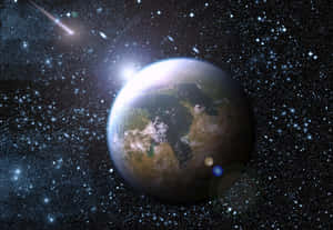 從太空看到的地球，背景有星星和彗星。 — 行星 壁紙