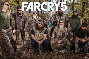七位留鬍鬚嘅男人穿著迷彩裝備，喺森林中擺姿勢，帶有Far Cry 5標誌。
