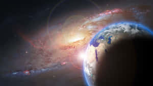 從太空看到的地球，背景是色彩繽紛的螺旋星系。
