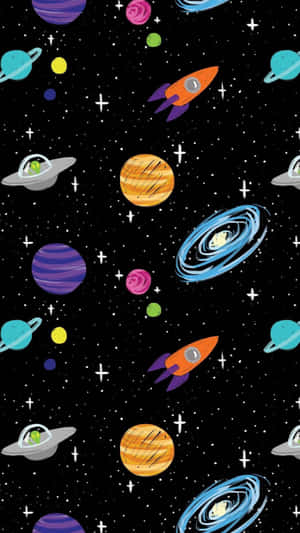 卡通火箭和行星漂浮在星空太空場景中。