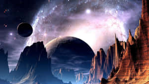 在充滿活力的宇宙天空下，漂浮的月亮和星星之間的外星山脈。