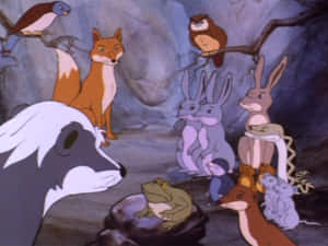 一群卡通森林動物聚集在洞穴中