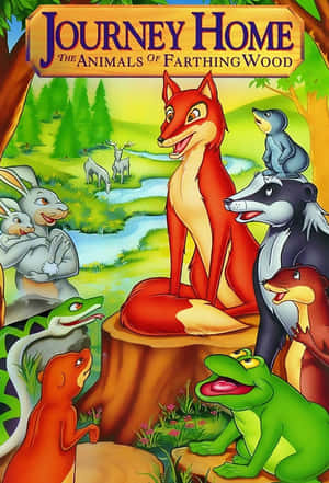 一群動畫森林動物聚集在樹樁上的狐狸周圍。 — 插畫 壁紙