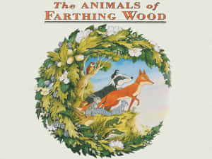 由樹葉和花朵框住的林地動物圓形插圖。