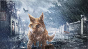一隻狐狸站在雨夜的都市街道上，另一隻狐狸正在逃跑。