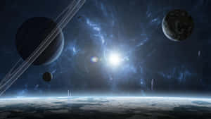 宇宙空間的景色，行星和發光的星雲圍繞著一顆明亮的恆星。 — 外太空 壁紙