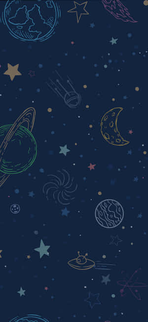 一個有趣的太空場景，在深藍色背景上有行星、星星和UFO。 — 藝術 壁紙