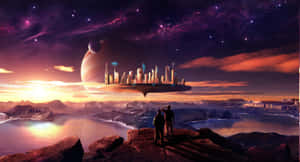 懸崖上的兩個人，看著一座漂浮的城市，背景是星空夕陽。