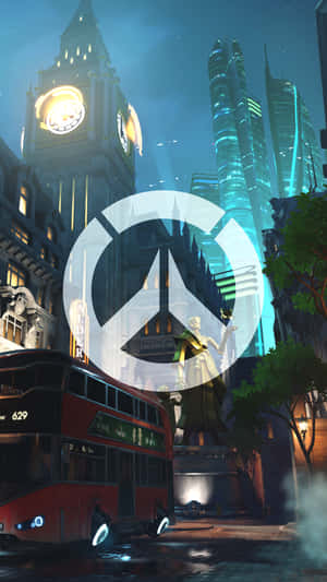 夜晚的未來倫敦街道，紅色巴士和閃爍的摩天大樓，下方有 Overwatch 標誌。